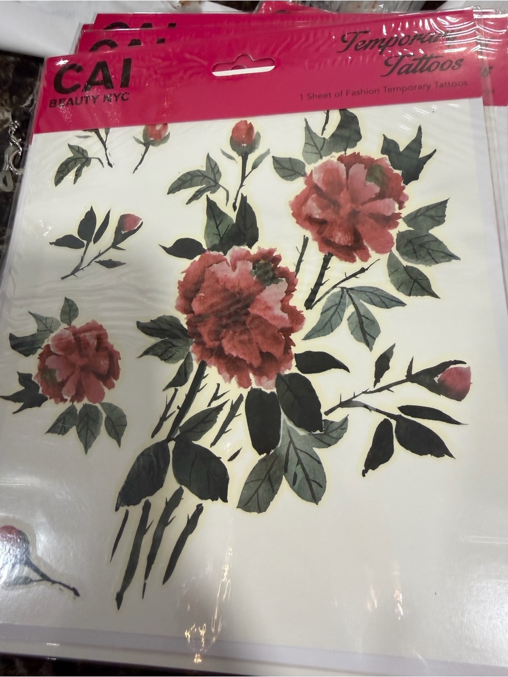 Pink Floral Wall Decal with Green Leaves temporary tattoos
